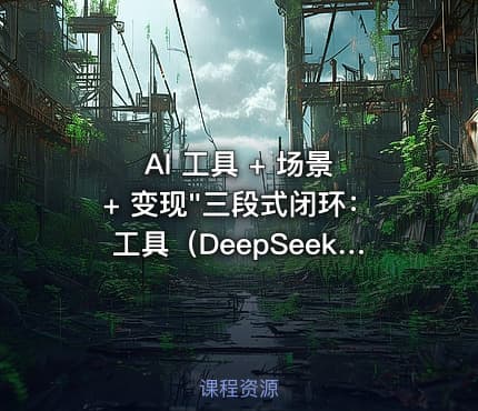 AI 工具 + 场景 + 变现"三段式闭环：工具（DeepSeek / 即梦 / 可灵 / 海螺 / 剪映）→ （60+ 种 AI 爆款内容）→ 变现（好物带货、任务挂载、实体获客